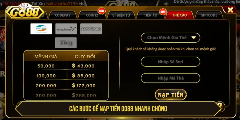 Các phương thức nạp tiền GO88 cần kiểm tra trước khi giao dịch