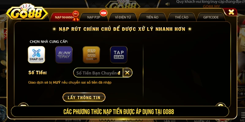 Các phương thức nạp tiền tại GO88